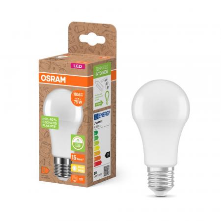 Osram E27 LED Lampe Star Classic A 75 Recycled Plastic 10W wie 75W warmweißes Licht - weiß mattierte Glühbirne
